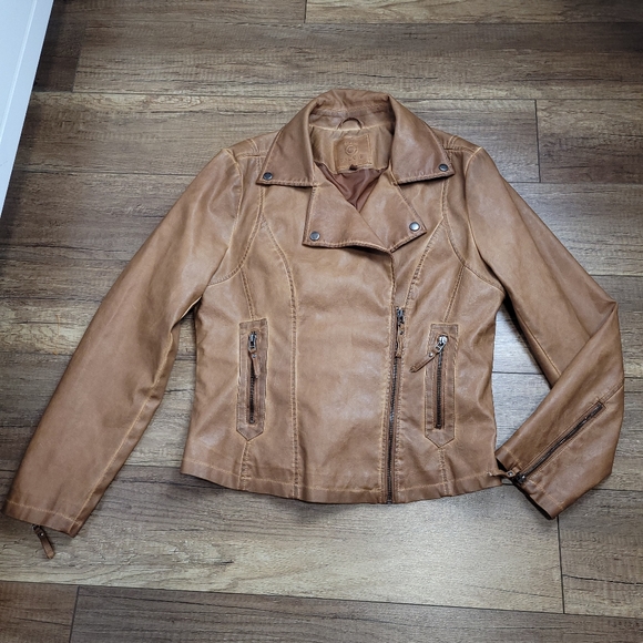 Max Studio Women's caramel tan aged Faux Leather moto biker jacket, L - Picture 6 of 16